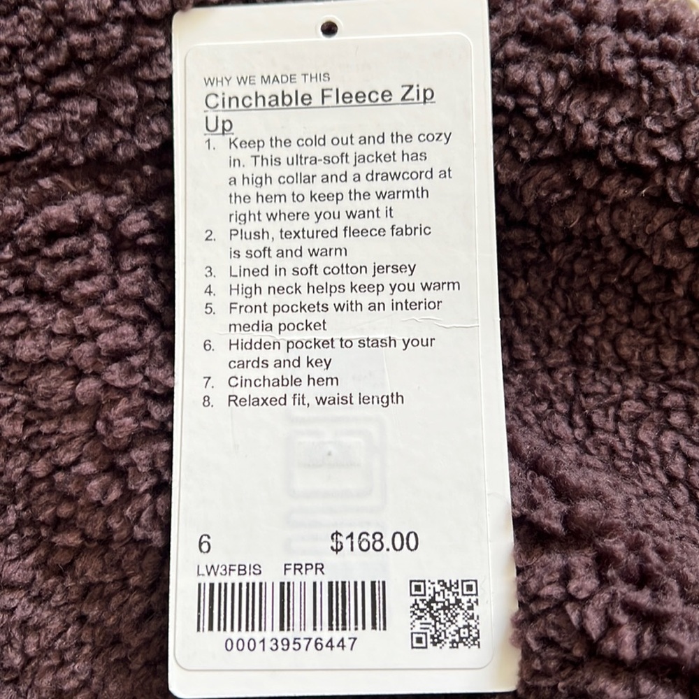 LULULEMON CINCHABLE FLEECE ZIP UP SIZE 6 FRENCH PRESS
